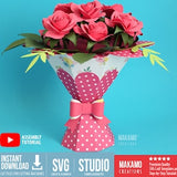 3D Paper Flower Bouquet SVG, Rolled Roses Bouquet Vase Gift Box SVG, Valentines Day, Mothers Day, Instant Download Cut Files Cricut Template