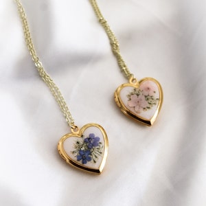 Heart photo locket necklace with resin pressed flowers, gold-tone chain, two heart pendants
