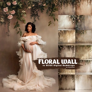 Floral wall digital backdrop overlay with soft pink roses on muted gray panels