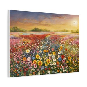 Canvas wall art of a colorful flower field landscape with blue sky and sunset clouds