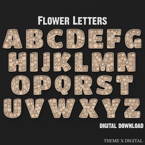 Floral alphabet SVG design with uppercase A–Z letters; Flower Letters and digital download text.