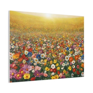 Wildflower field canvas wall art with gold sky gradient and colorful blooms