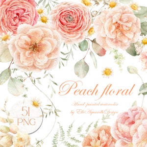 Watercolor peach floral clipart with roses and small daisy flowers, decorative elements