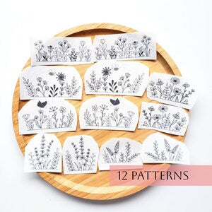 Hand embroidery pattern sticker set with 12 floral stick-and-stitch designs on cards