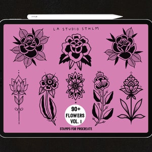 Procreate tattoo stamp brush set with multiple purple floral designs on a tablet screen