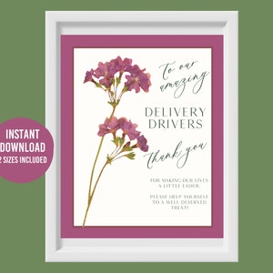 Framed thank-you delivery driver wall print with purple spring flowers and script text