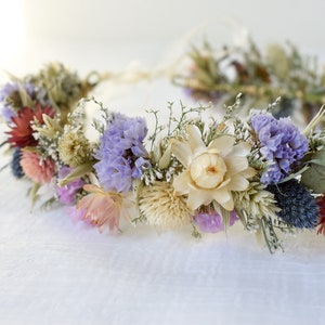 Pastel dried flower crown with lavender, cream, and blush blossoms