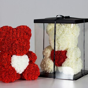 Red foam rose teddy bear with white heart, inside clear gift box