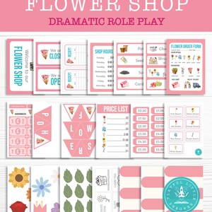 Printable flower shop role-play set with cards, price list, and stickers