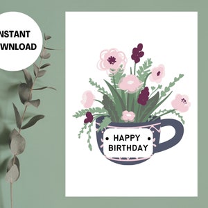Pastel flower vase birthday card with bouquet in mug and “HAPPY BIRTHDAY” text