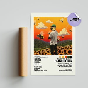 Tyler, the Creator Flower Boy album cover poster, colorful sunflower field, standing figure