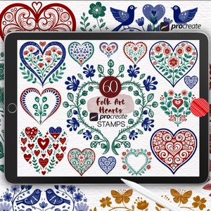 Procreate folk art heart stamp set with colorful Scandinavian hearts, birds, flowers