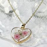 pressed flower necklace,heart necklace,real flower jewellery,forget me not necklace,flower pendant necklace,pink floral necklace,rose gold