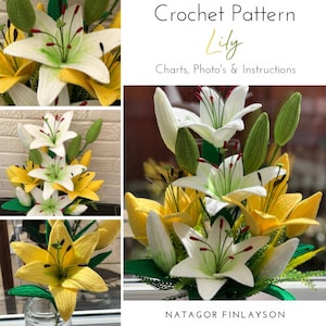 Crochet lily flower bouquet pattern with white and yellow blooms and green leaves