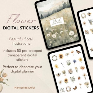 Floral digital sticker pack with pre-cropped botanical icons and sticker sheets for Goodnotes