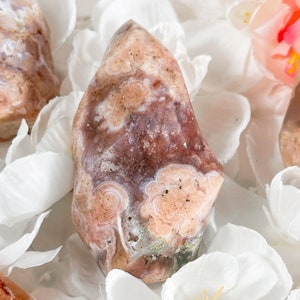 Pink and peach druzy agate flame-shaped crystal with carved flame profile