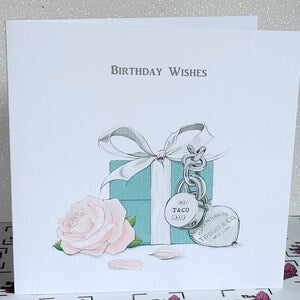 Birthday Wishes greeting card with watercolor rose, gift box and heart illustration
