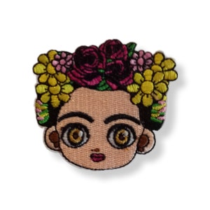 Frida Kahlo face iron-on patch with floral headscarf and embroidered details