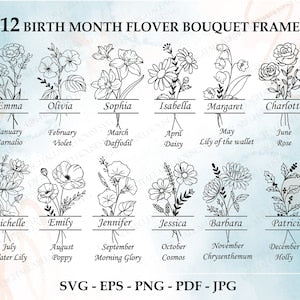 Floral bouquet frame SVG bundle with line-art flowers and birth month name labels