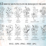 Birth Month Flower Bouquet Frame Svg Bundle, Birth Month Flower, Flower Svg, Birth flower,Flower Bouquet, Flowers, Floral, Frame, Svg, Png