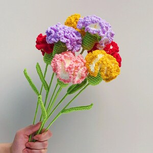 Handmade crochet carnation flower bouquet with green stems, multi-color blossoms