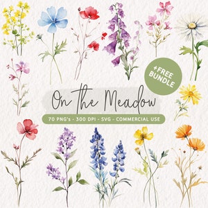 Watercolor wildflower clipart set featuring assorted blooms and leafy stems