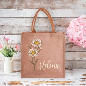Jute tote bag with embroidered daisies and personalized name Helena, brown