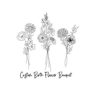 Birth flower bouquet line art print with minimalist stems and handwritten-style title