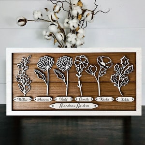 Wooden floral birth month flower frame sign with line-art blossoms and cursive names