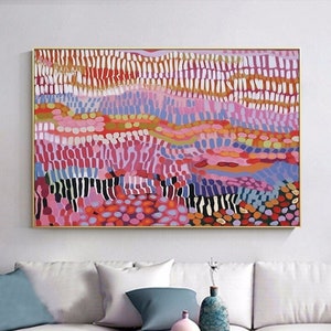 Colorful flower oil painting on canvas with layered stripes, wine pink and blue tones