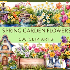Spring garden flowers clip art set cover with colorful blooms, garden gnome and fountain
