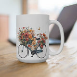 Coffee mug with bicycle and wildflower bouquet print, white ceramic, 15 oz