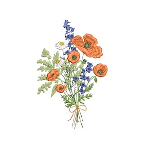 Floral machine embroidery design of orange, blue, and green wildflower bouquet