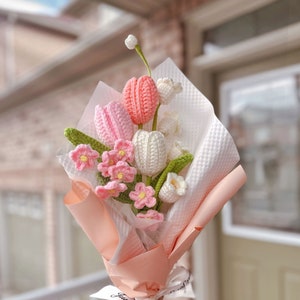 Finished Crochet Flowers Bouquet handmade, Tulips, forget me not, lily of the valley, Knitted Flowers, Mother's Day Gift, Gift For Her