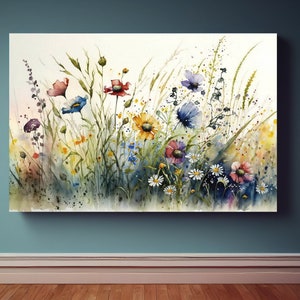 Watercolor wildflower canvas wall art print with blue, purple, and yellow blooms