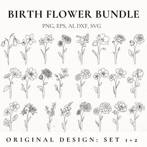 Birth month flower SVG bundle with fine-line outline flowers and leaves (clip art set)