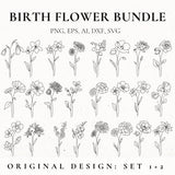 Birth Month Flower Svg Bundle, Fine Line Flower, Flower stencil, Floral Tattoo Design for women, Birth Flower Clip Art, Botanical SVG, Files