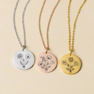 Birth-flower bouquet necklace set with round engraved pendant on silver, rose, gold chains
