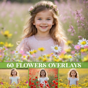 Floral spring photo overlays of a smiling girl in a flower crown and pastel dress