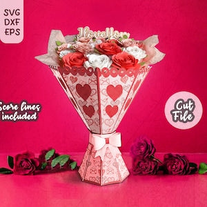 Paper flower bouquet SVG with red and white roses, patterned wrap and heart detail
