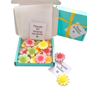 Tiny treats! Little Skyblue box of fruit flavour flowers,ideal for Mother's Day/birthday/anniversary etc. Personalisable.