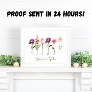 Framed garden floral digital print with pink and white blossoms and green stems