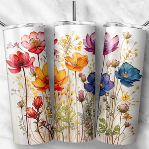 Skinny tumbler wrap featuring spring wildflowers in watercolor-like vibrant colors