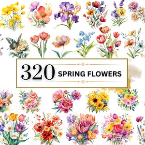 Watercolor spring flower clipart set with mixed wildflower bouquets and butterflies, 320