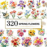 Watercolor spring flower clipart set with mixed wildflower bouquets and butterflies, 320