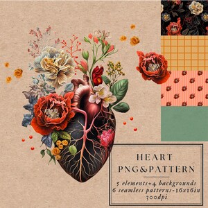 Flower anatomical heart illustration with botanical details and transparent PNG pattern