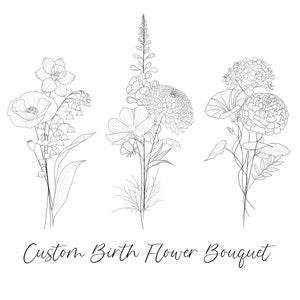 Minimalist birth flower bouquet line art print with fine floral outlines