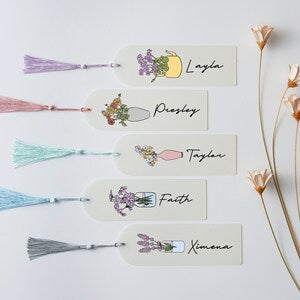 Set of five acrylic birth-flower bookmarks with tassels and engraved names