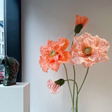 4 Peach and Coral Free Standing Poppies - Large Paper Flowers Poppies with Buds - Big Standing Paper flowers with Stems and metal Stand