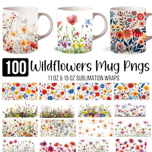 Watercolor wildflower 11oz mug wrap designs, floral patterns for sublimation printing